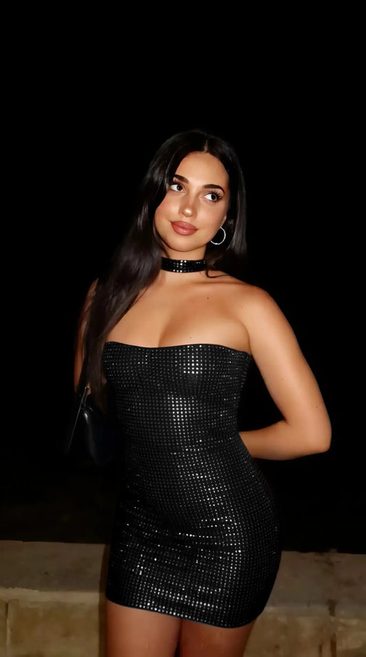 Valeria Rhinestone Mesh Strapless Mini Dress Shellie