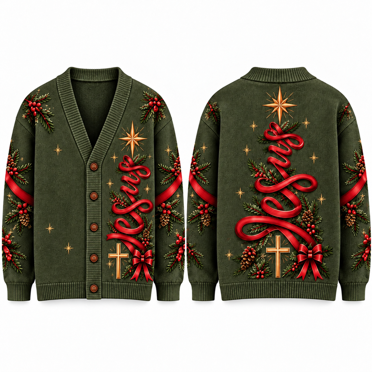Jesus Christian Christmas Cardigan, Red Ribbon Religious Sweater, Men's Olive Green Button Up Knitwear, Faith Holiday Gift