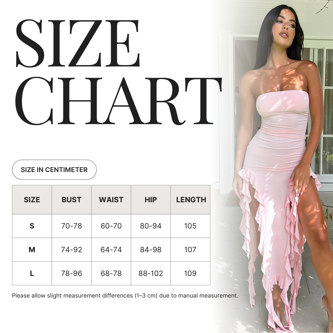 Strapless Asymmetrical Ruffle Midi Dress