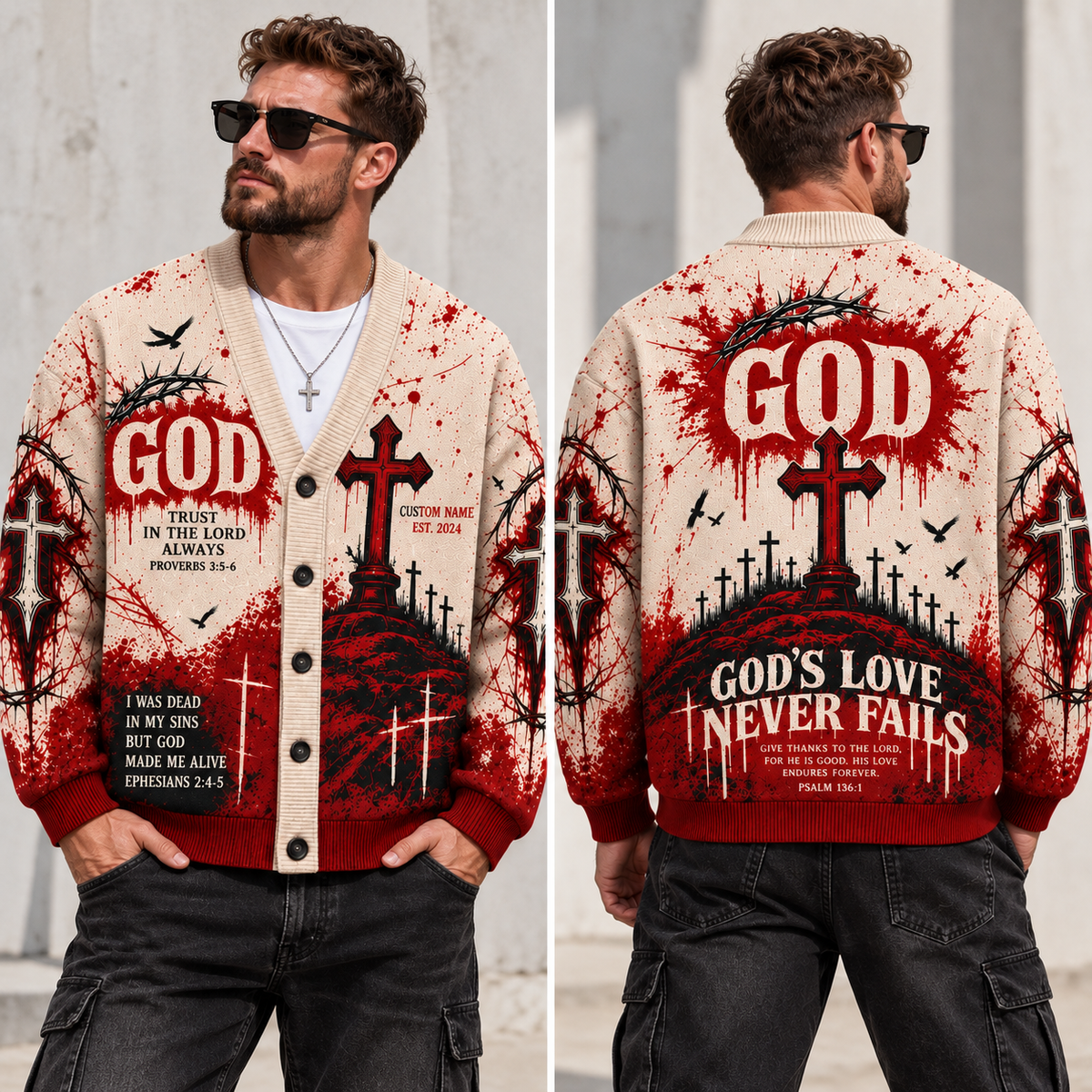Personalized Christian Cardigan, God Cross Religious Sweater, Custom Name Year Button Up, Bible Verse Faith Gift for Men
