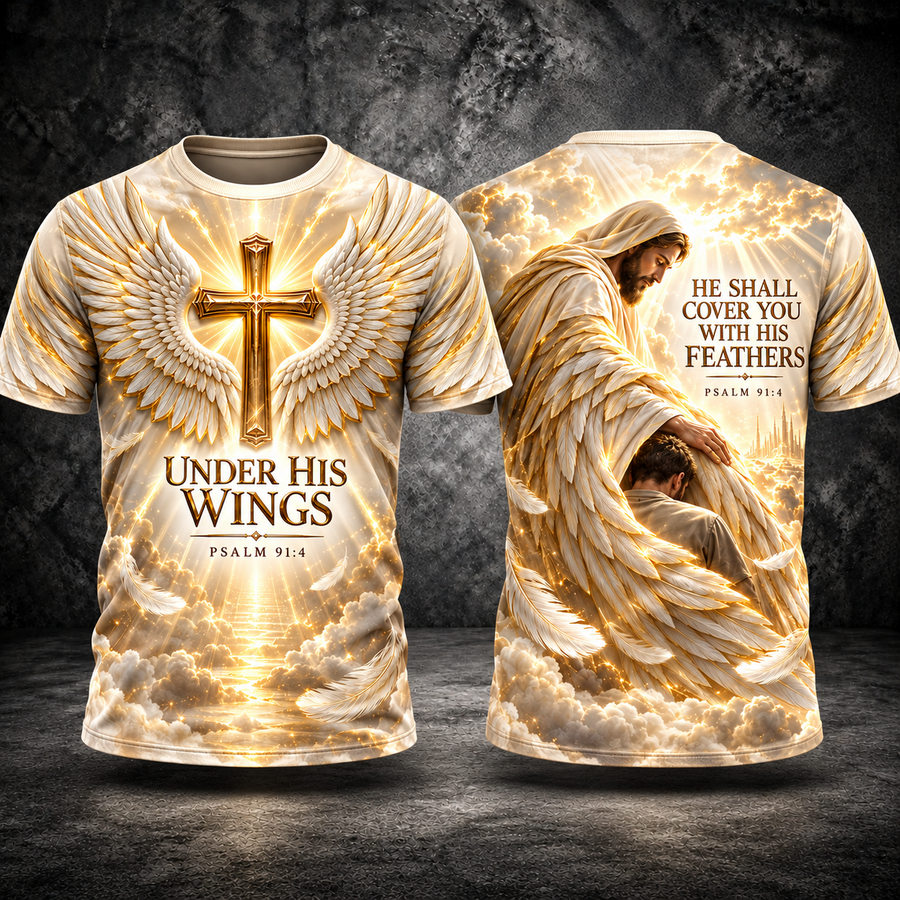 Under His Wings Psalm 91:4 Christian T-Shirt – Jesus Protection All Over Print Shirt