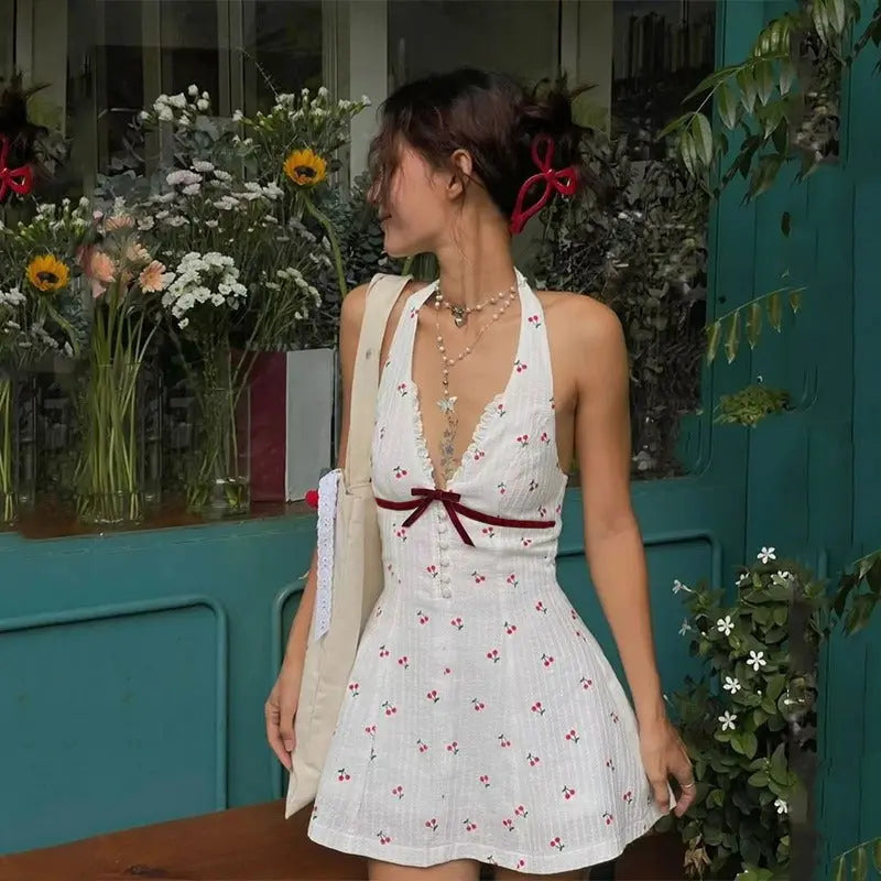 Cherry Print Halter Backless Mini Dress Shellie