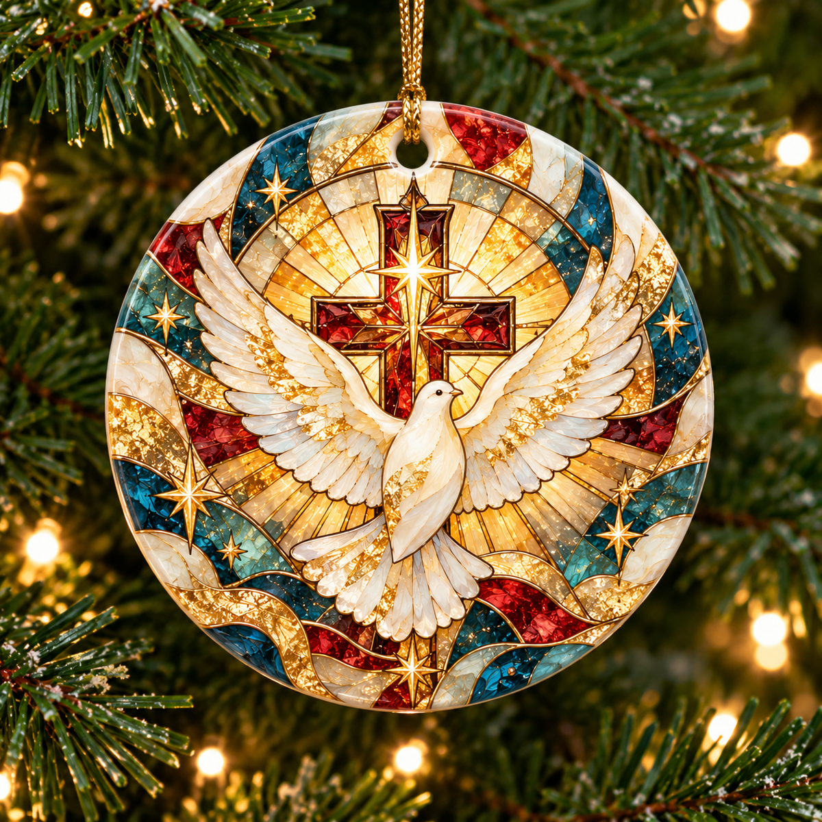 Holy Spirit Dove Christmas Ornament, Christian Cross Ornament, Religious Faith Gift, Stained Glass Christmas Tree Decor