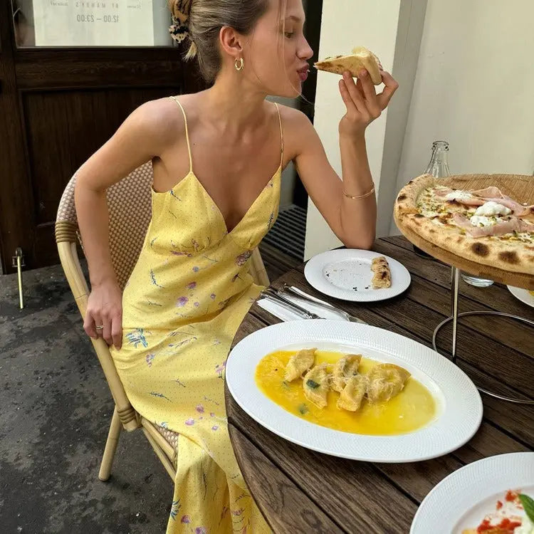 Yellow Floral Satin Slip Maxi Dress Carilie