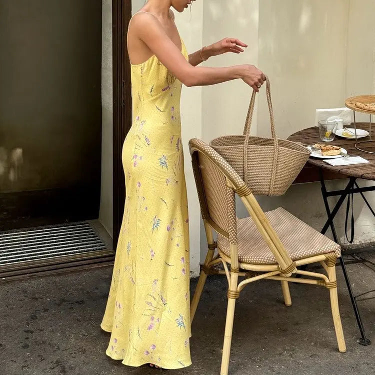 Yellow Floral Satin Slip Maxi Dress Carilie