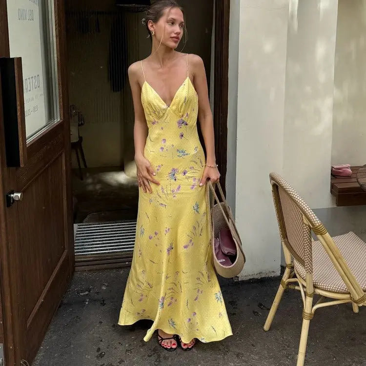 Yellow Floral Satin Slip Maxi Dress Carilie