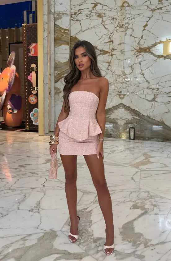 Sequin Strapless Peplum Mini Dress Carilie