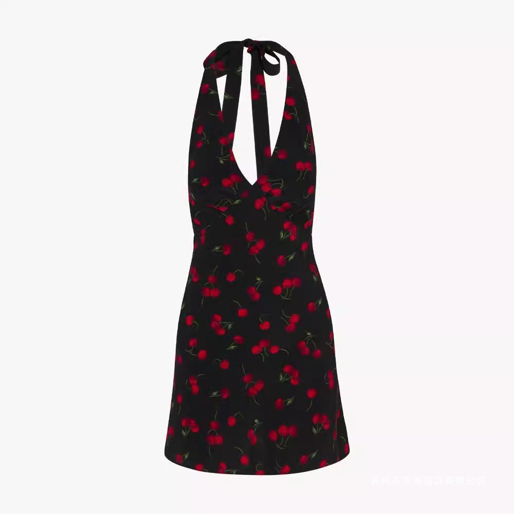 Cherry Print Halter Mini Dress