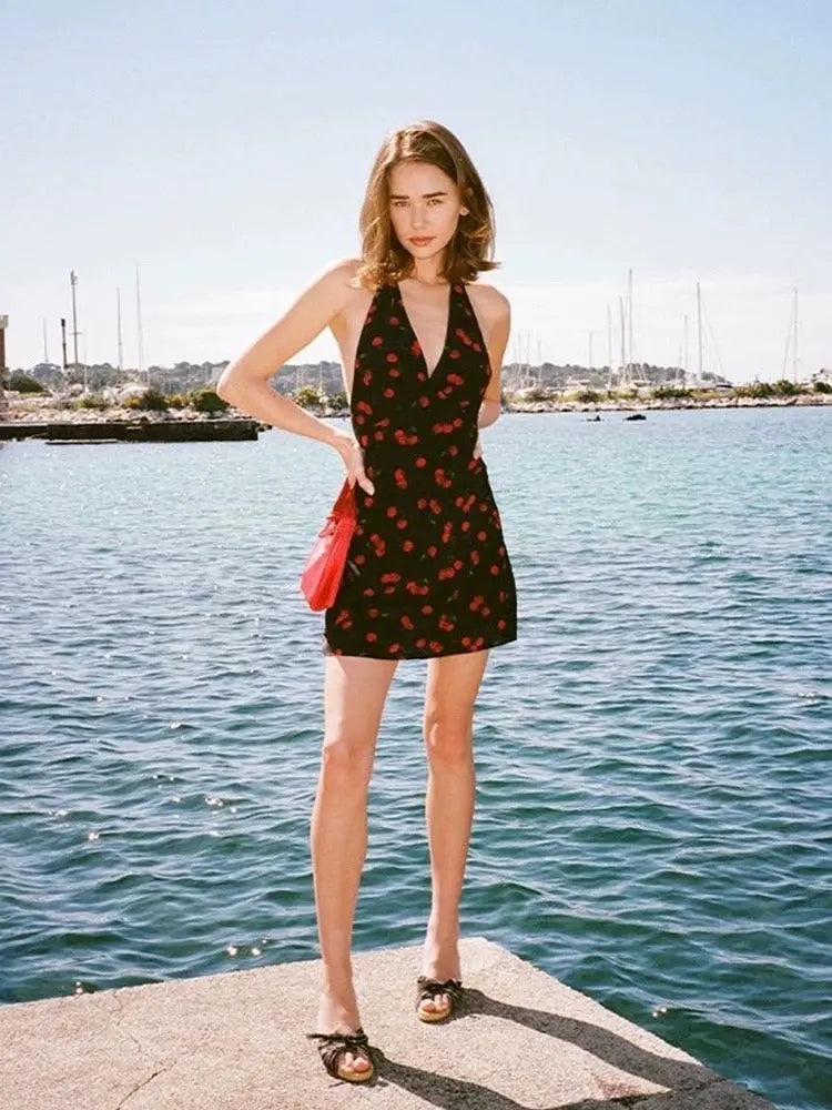 Cherry Print Halter Mini Dress Carilie