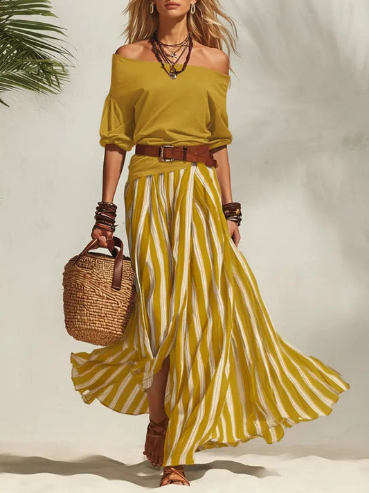 Navy Off-Shoulder Top & Striped Chiffon Slit Skirt Set Carilie