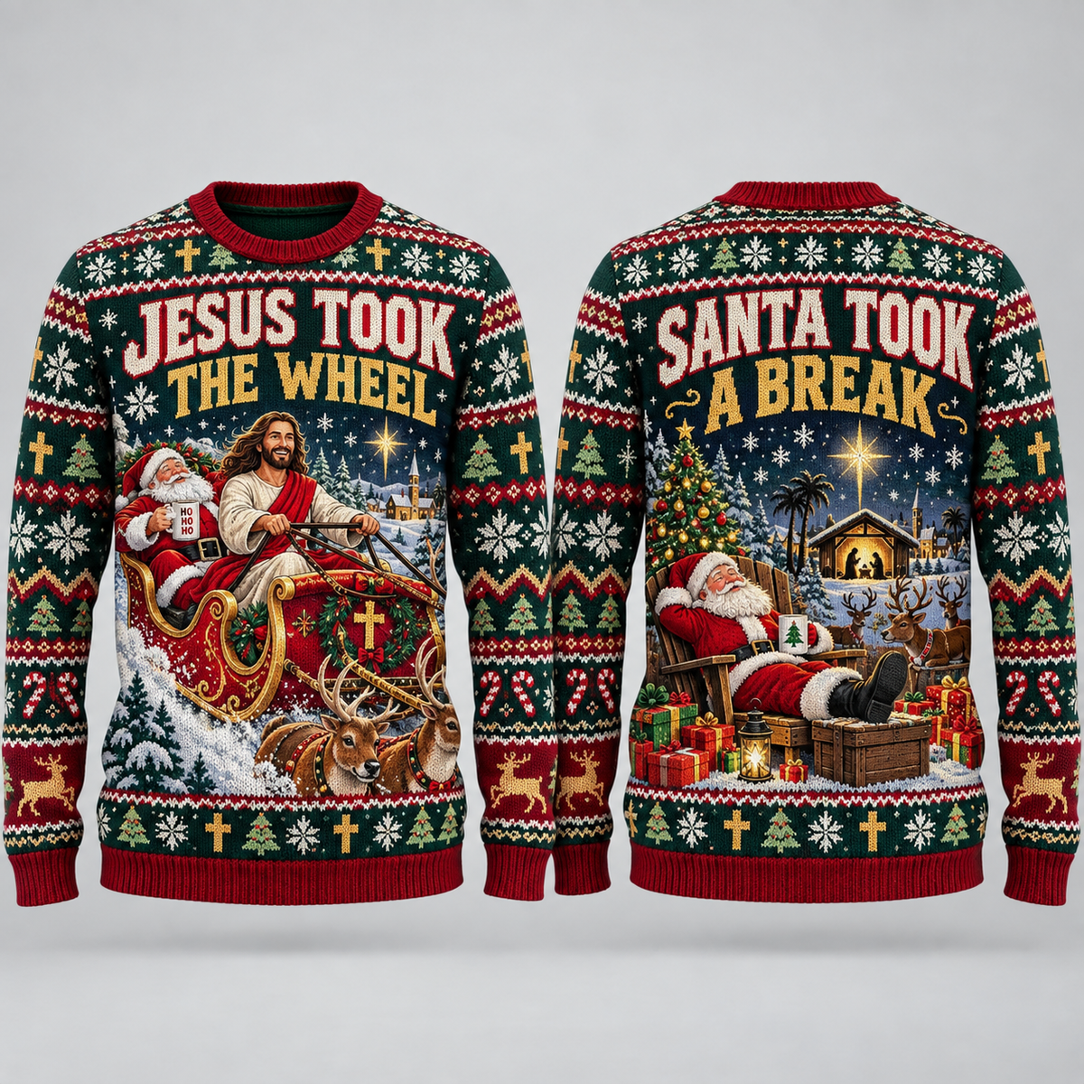 Jesus Took The Wheel Christian Christmas Sweater, Funny Ugly Christmas Sweater, Men’s Faith Holiday Knit Pullover