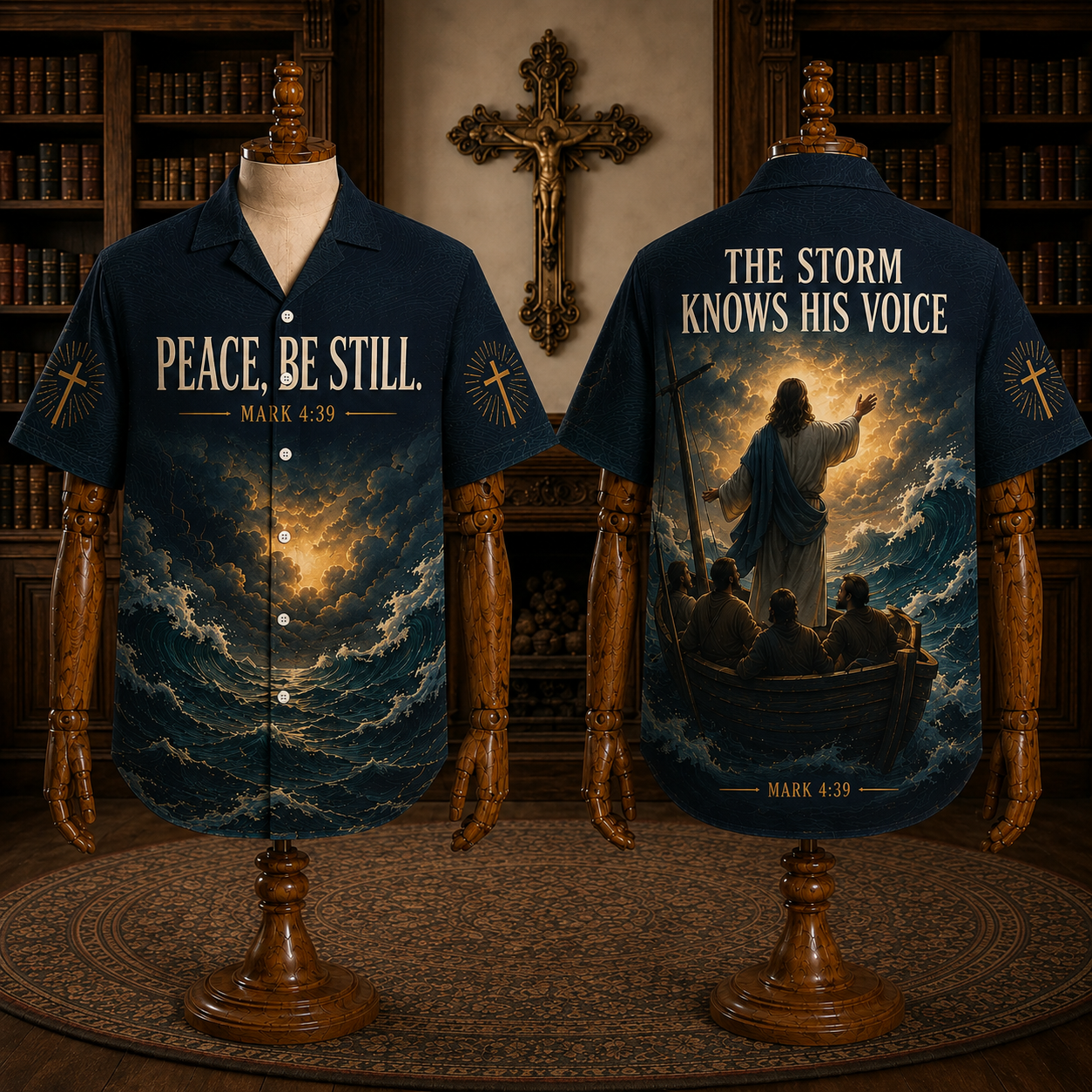 Men’s Christian Hawaiian Shirt – Peace Be Still, Mark 4:39, Jesus Calms the Storm Short Sleeve Button-Up