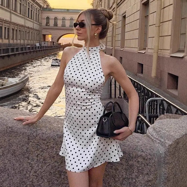 Polka Dot Halter Backless Mini Dress Carilie