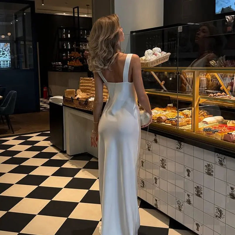 Elegant Satin V Neck Maxi Dress Carilie