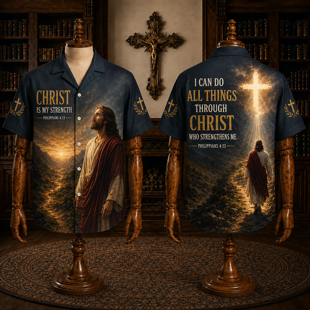 Men’s Christian Hawaiian Shirt – Christ Is My Strength, Philippians 4:13, Jesus Short Sleeve Button-Up