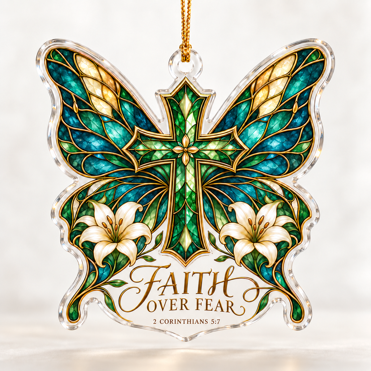 Faith Over Fear Christian Ornament, 2 Corinthians 5:7, Butterfly Cross Ornament, Religious Christmas Gift, Christian Keepsake
