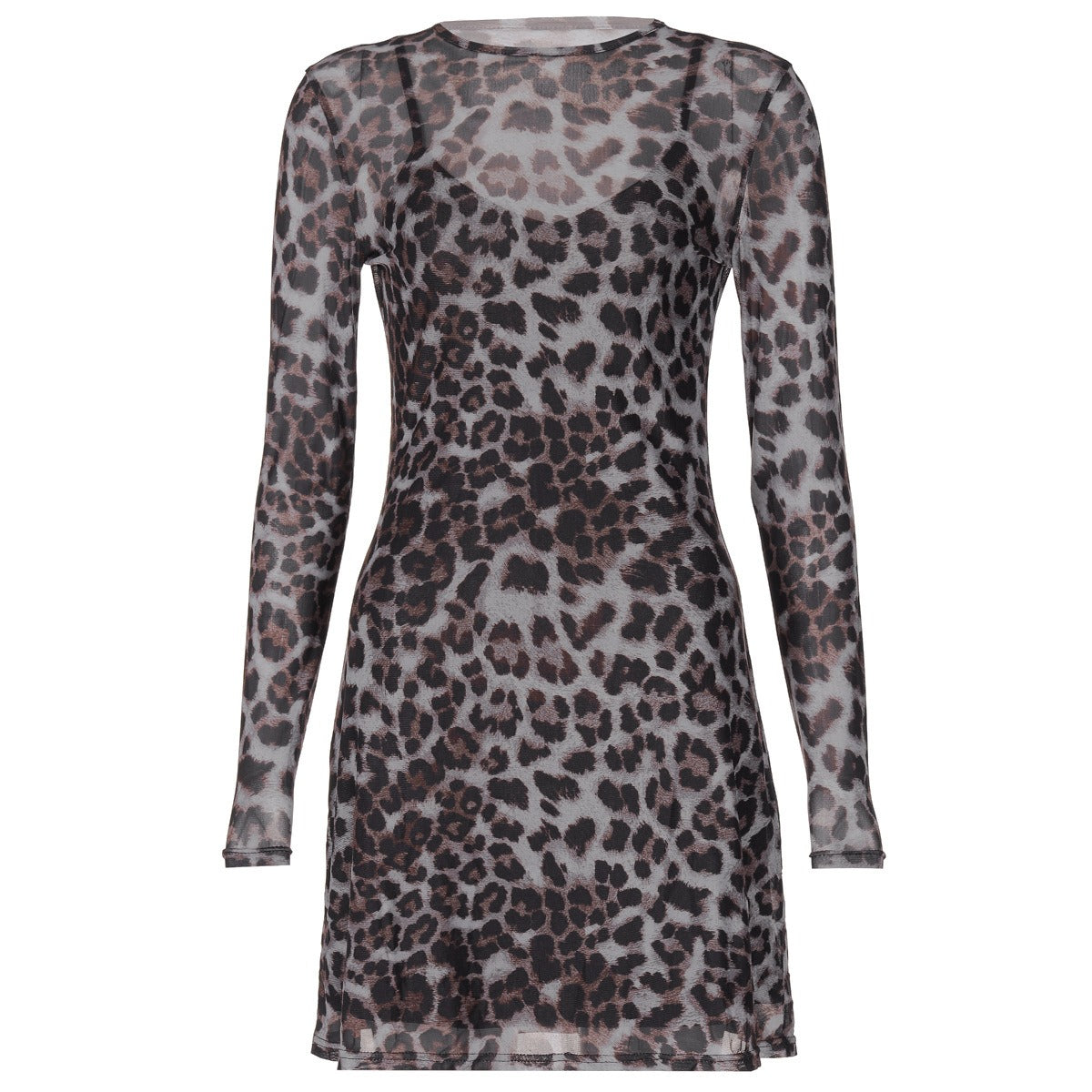 Leopard Sheer Mesh Long Sleeve Mini Dress