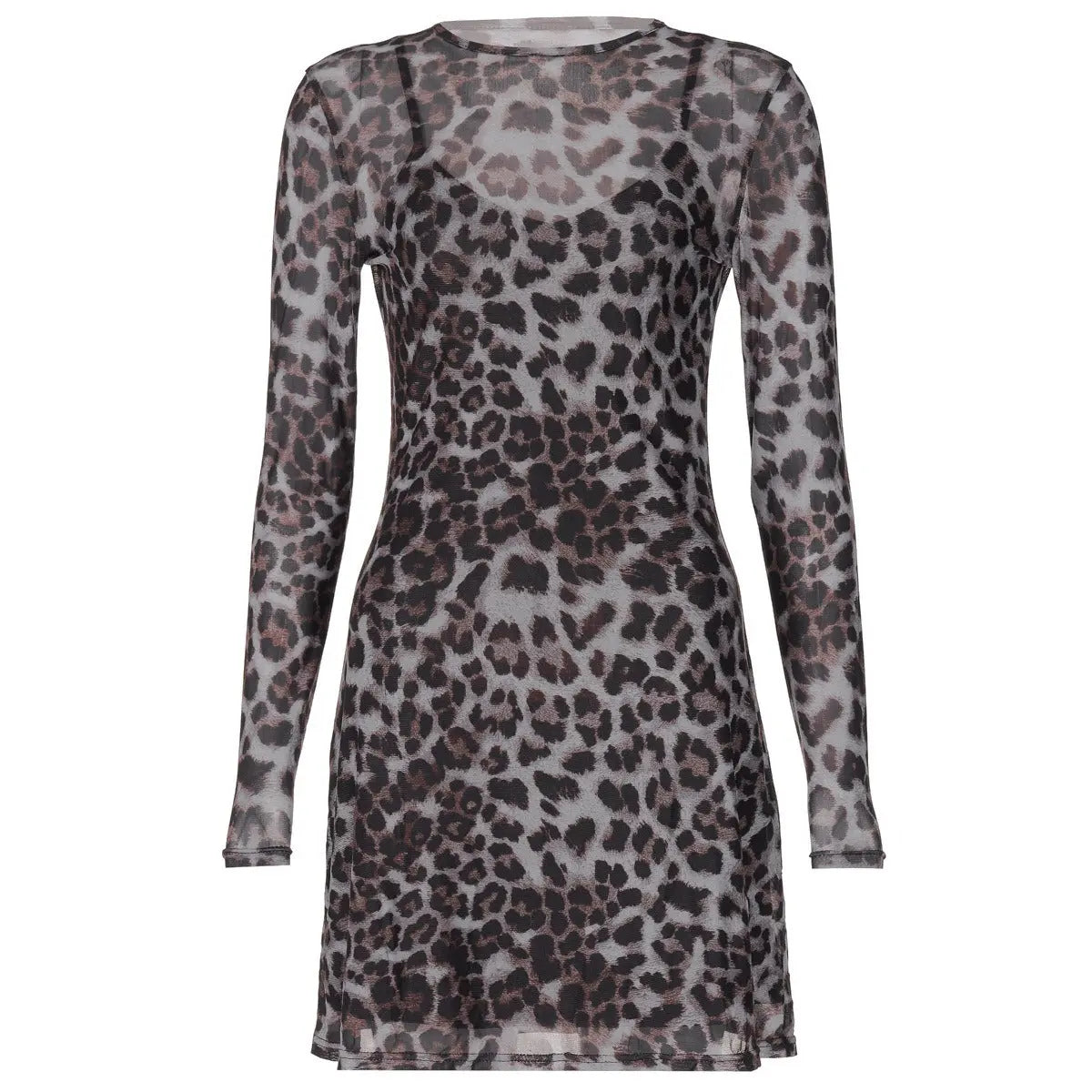 Leopard Sheer Mesh Long Sleeve Mini Dress Carilie