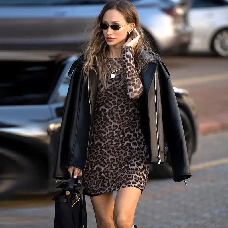 Leopard Sheer Mesh Long Sleeve Mini Dress Carilie