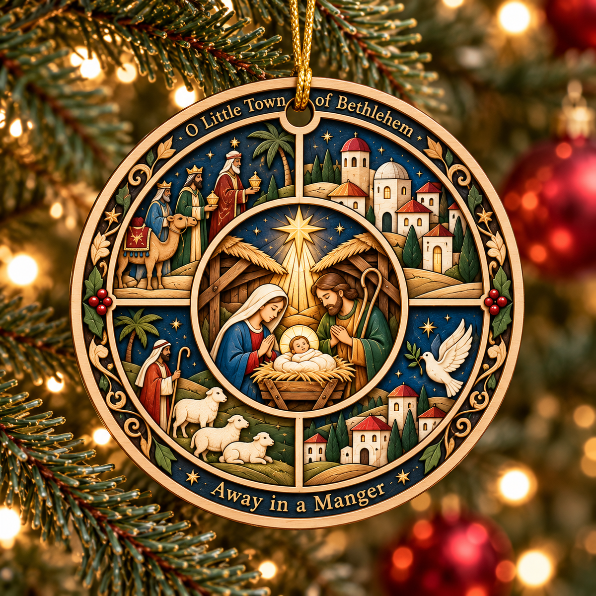 Nativity Scene Wood Christmas Ornament, Away in a Manger Ornament, Bethlehem Holy Family, Christian Religious Christmas Gift
