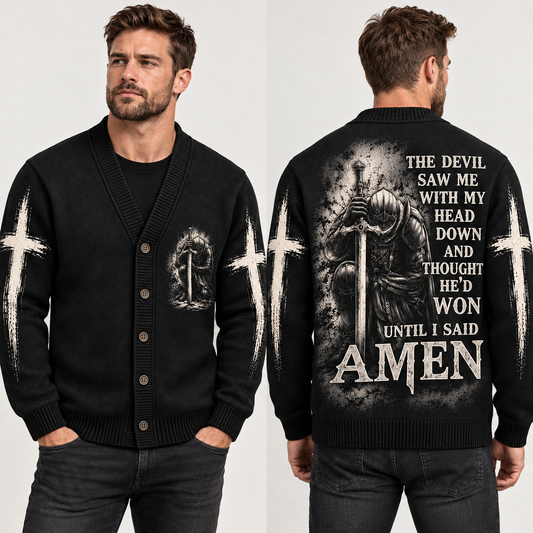 Men's Christian Knight Cardigan, The Devil Thought He Won Amen Sweater, Gothic Cross Button Up Knitwear, Faith Gift for Men