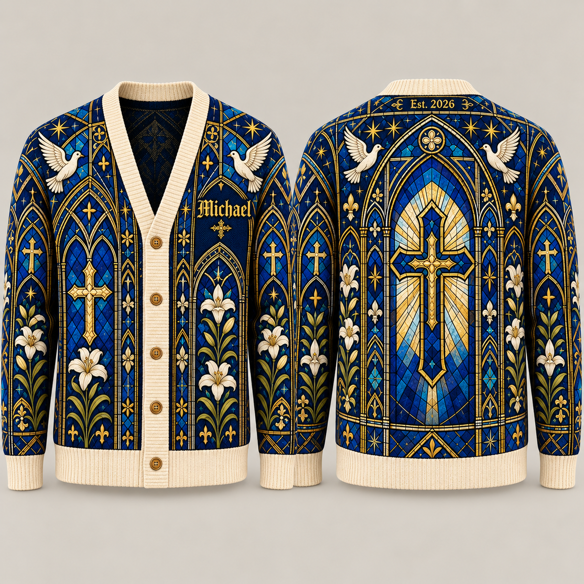 Personalized Christian Cross Cardigan, Custom Name Stained Glass Church Sweater, Men’s Faith Button Up Knit Cardigan