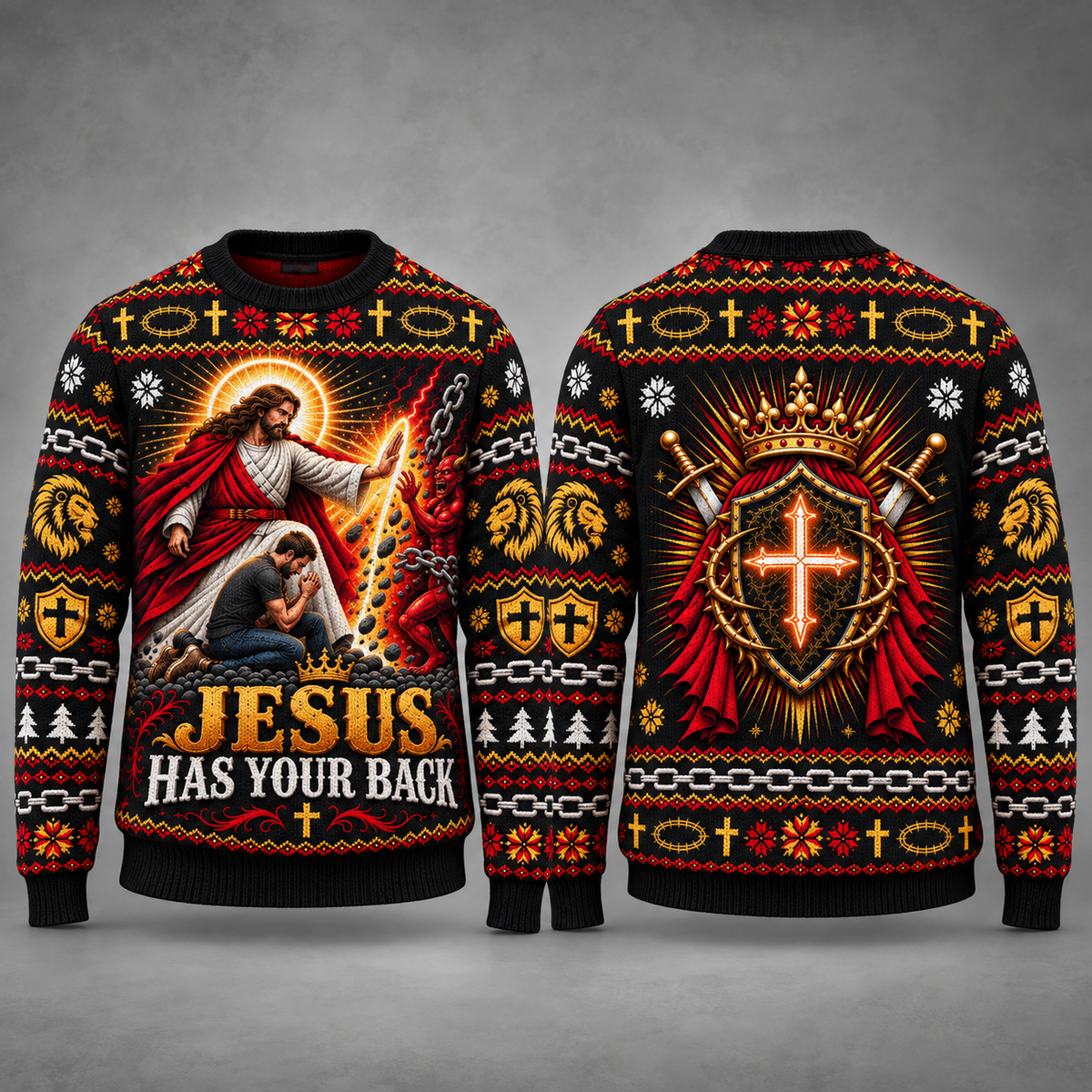 Jesus Has Your Back Christian Sweater, Religious Ugly Christmas Sweater, Faith Armor of God Men’s Christmas Sweatshirt