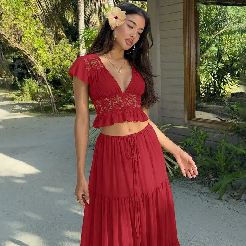 Lumière Olive Lace Crop Top and Maxi Skirt Set Carilie
