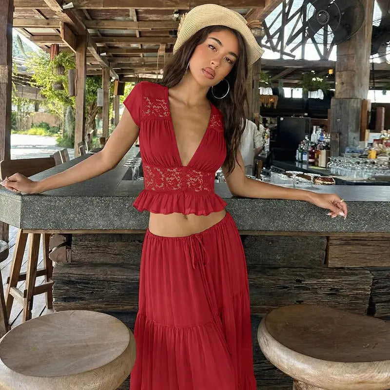 Lumière Olive Lace Crop Top and Maxi Skirt Set Carilie