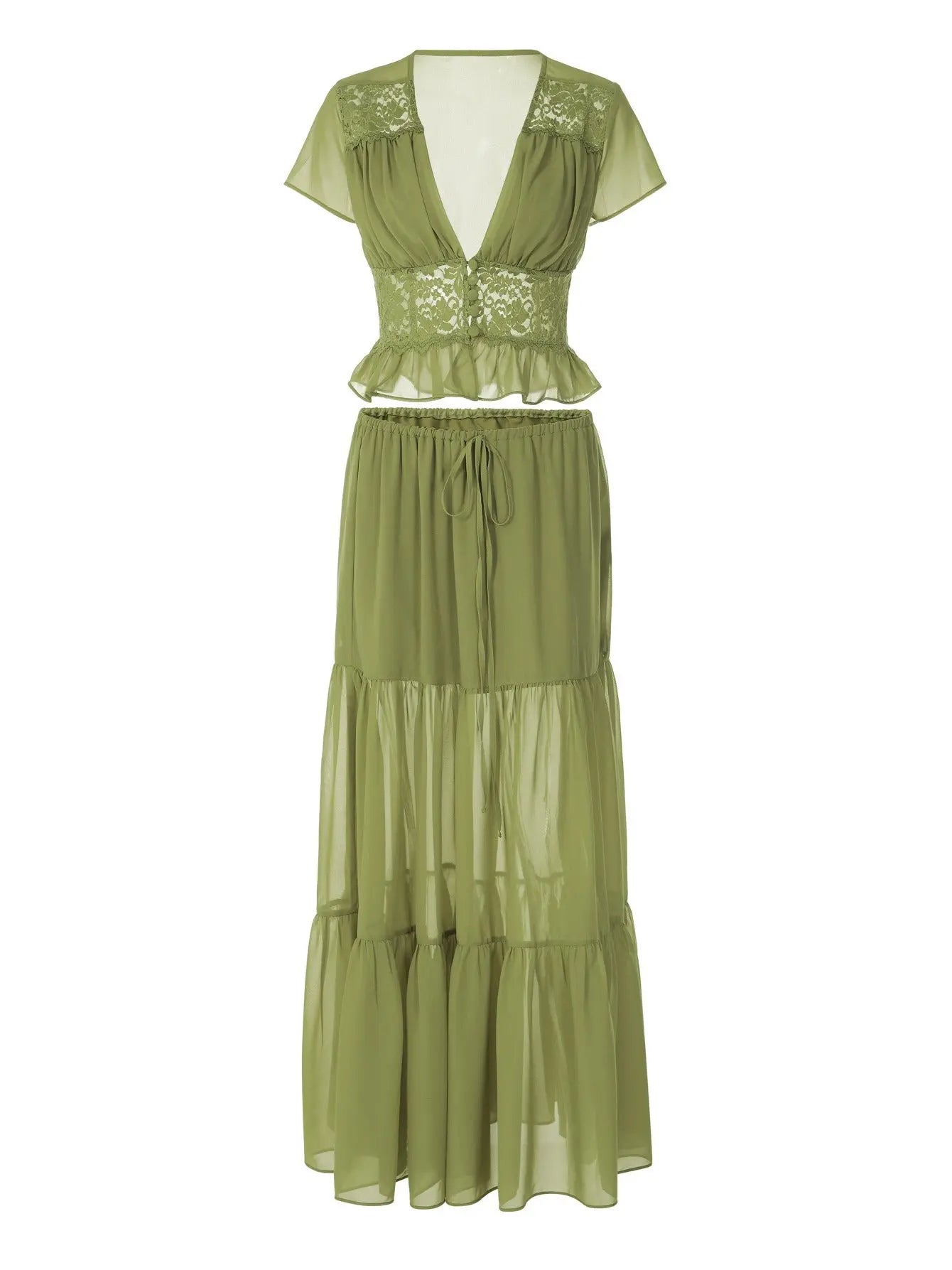 Lumière Olive Lace Crop Top and Maxi Skirt Set Carilie