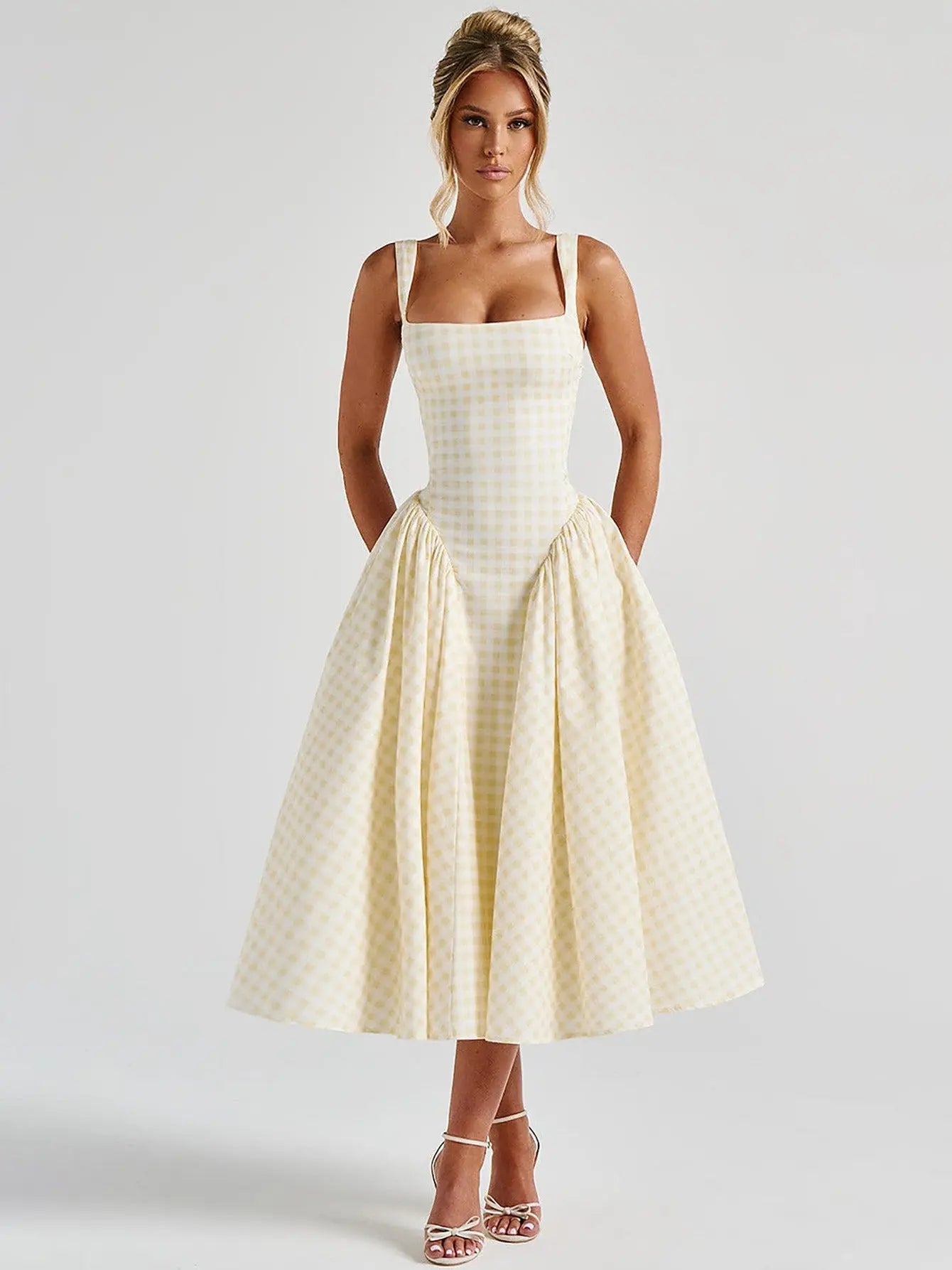 Pink And Yellow Gingham Midi Dress Carilie