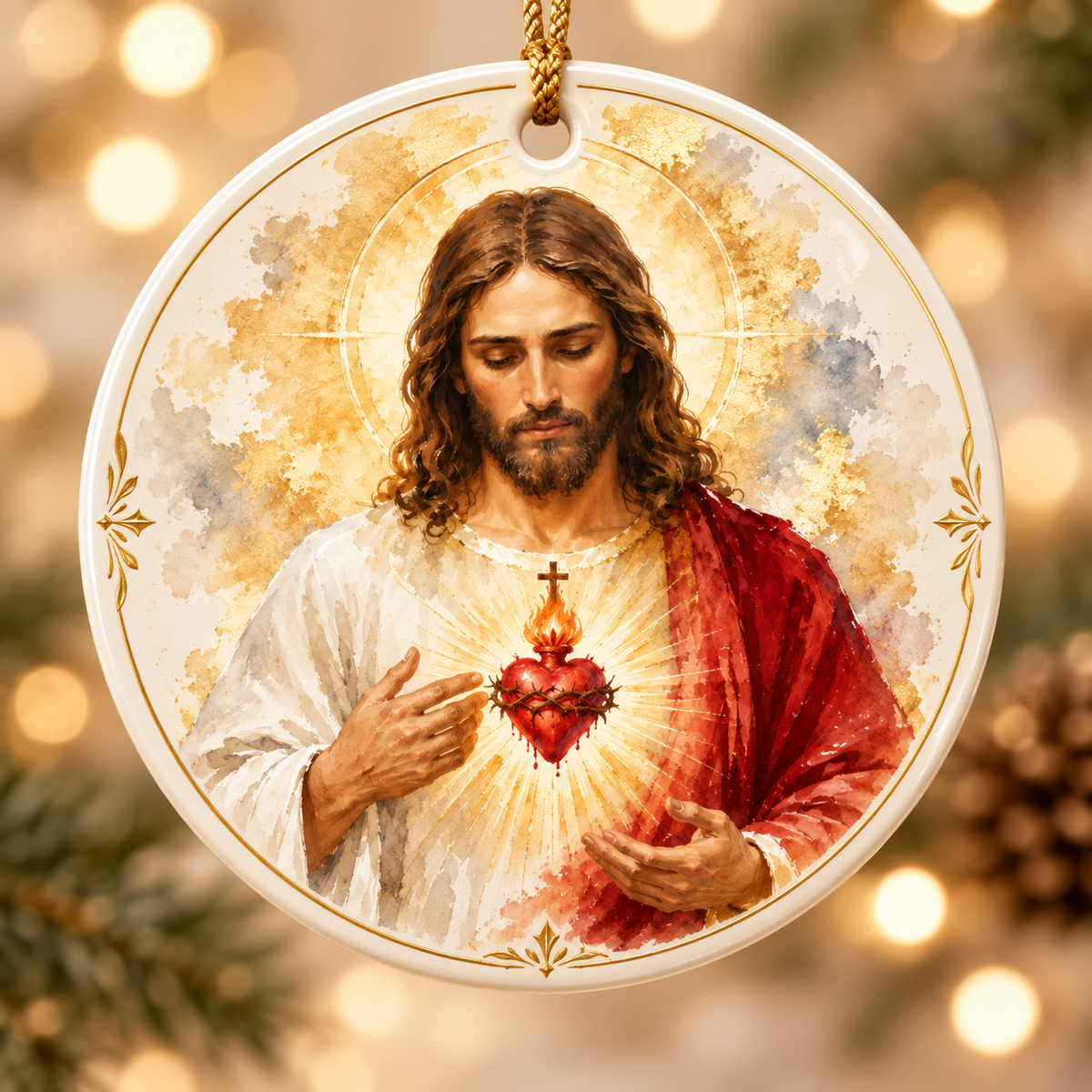 Jesus Christ Ceramic Ornament, Sacred Heart & Risen Jesus Christian Christmas Ornament, Religious Faith Gift for Christians