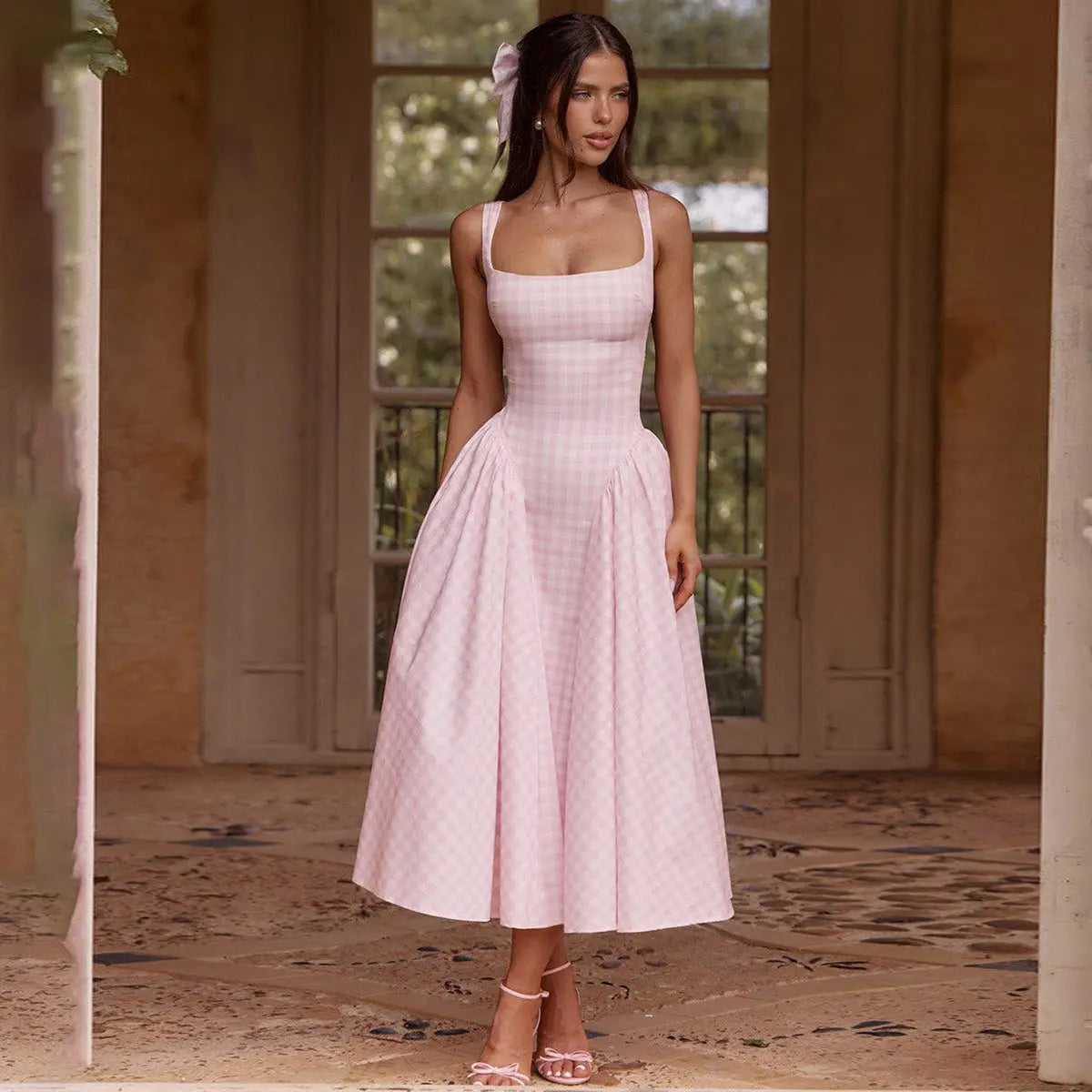 Pink And Yellow Gingham Midi Dress Carilie