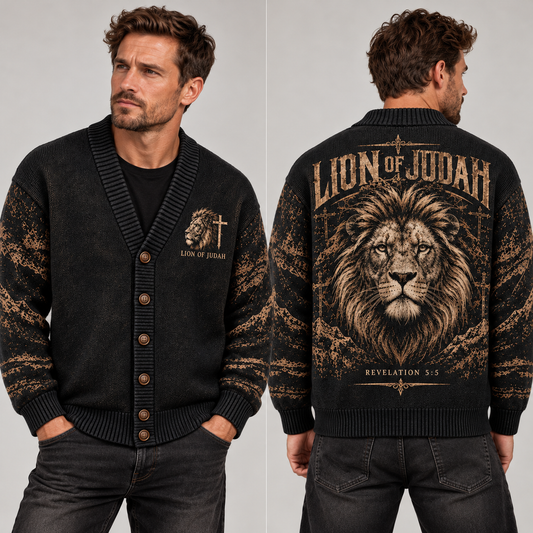 Lion of Judah Christian Cardigan, Revelation 5:5 Religious Sweater, Men’s Faith Button Up Knit Cardigan