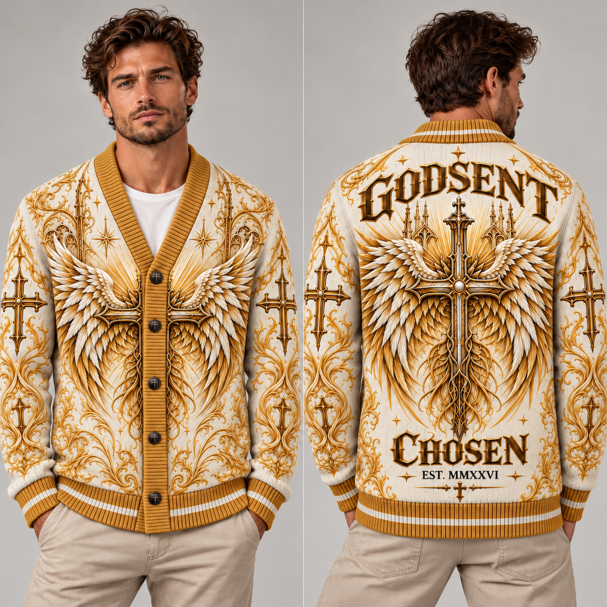 Godsent Chosen Christian Cardigan, Angel Wings Cross Sweater, Men’s Faith Button Up Religious Knit Cardigan