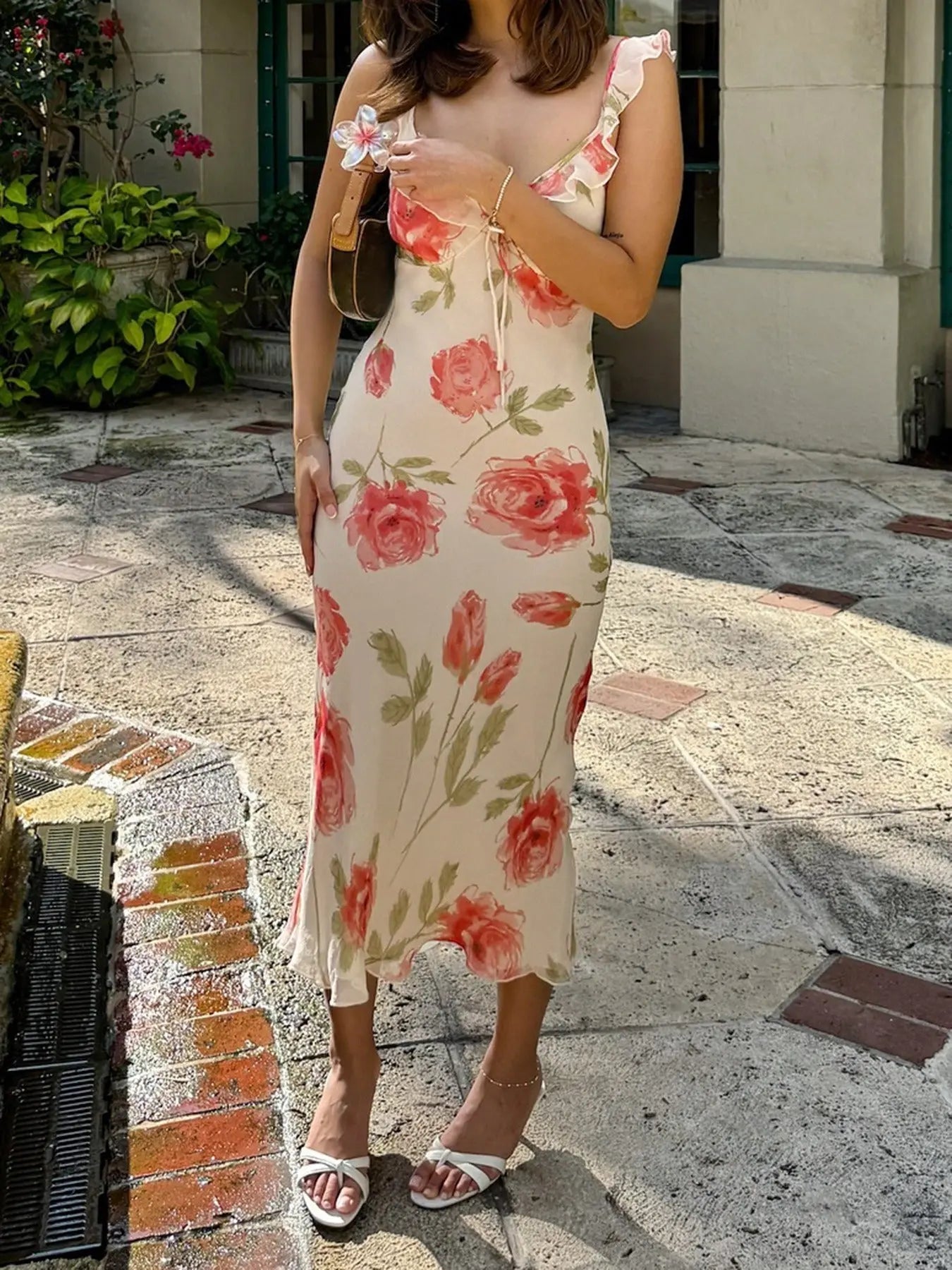 Floral Print Ruffle Strap Maxi Dress Carilie