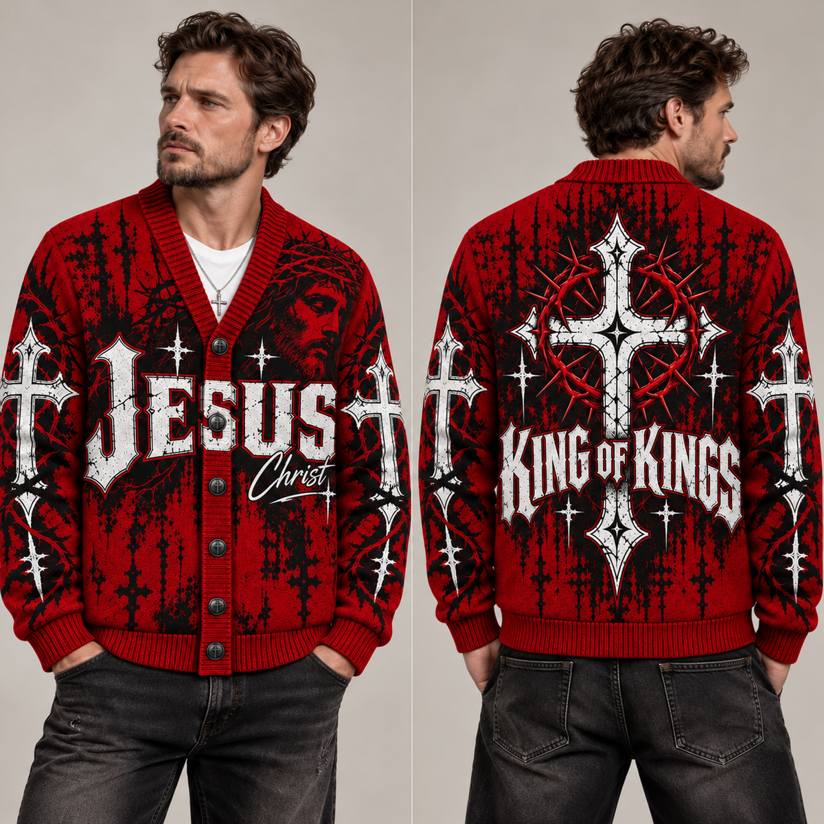 Jesus Christ King of Kings Cardigan, Christian Cross Religious Sweater, Gothic Faith Men’s Button Up Knit Cardigan