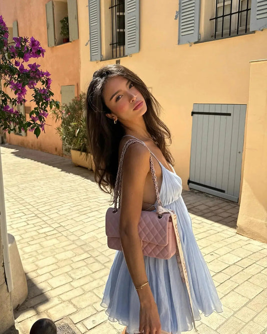Backless Pleated A Line Mini Dress with Spaghetti Straps Carilie
