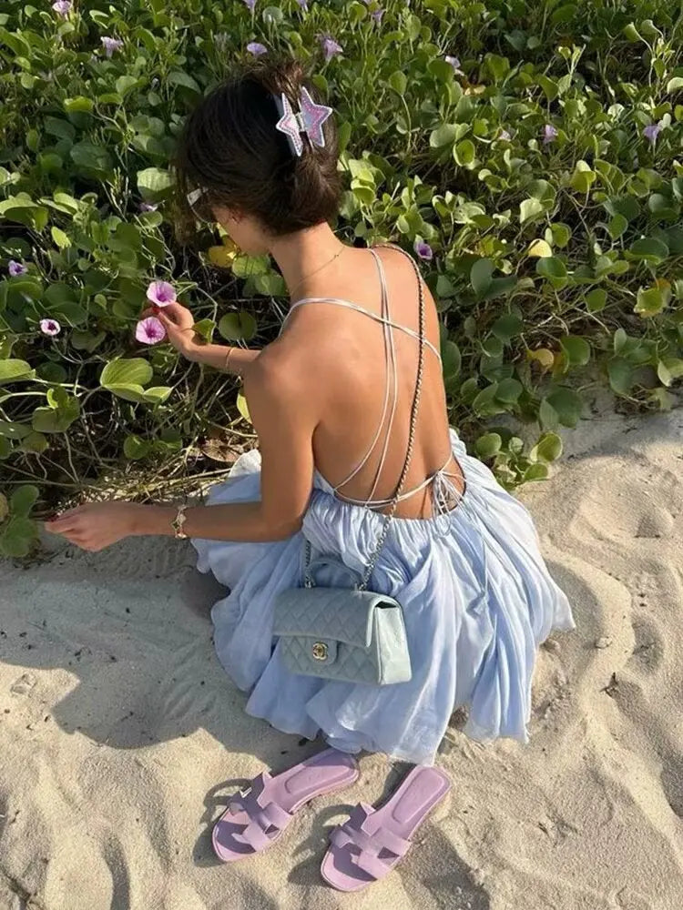 Backless Pleated A Line Mini Dress with Spaghetti Straps Carilie