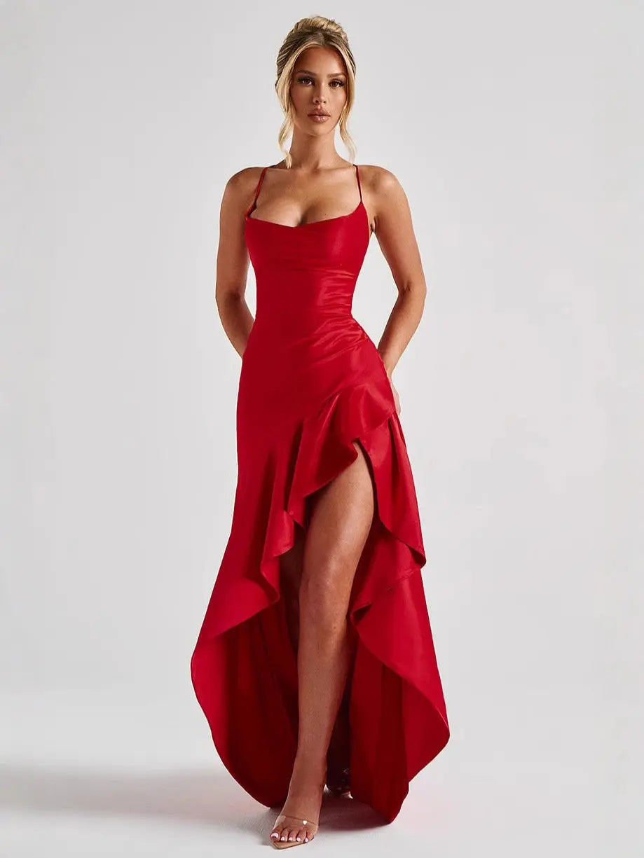 Scarlet Satin High Slit Evening Midi Dress Carilie