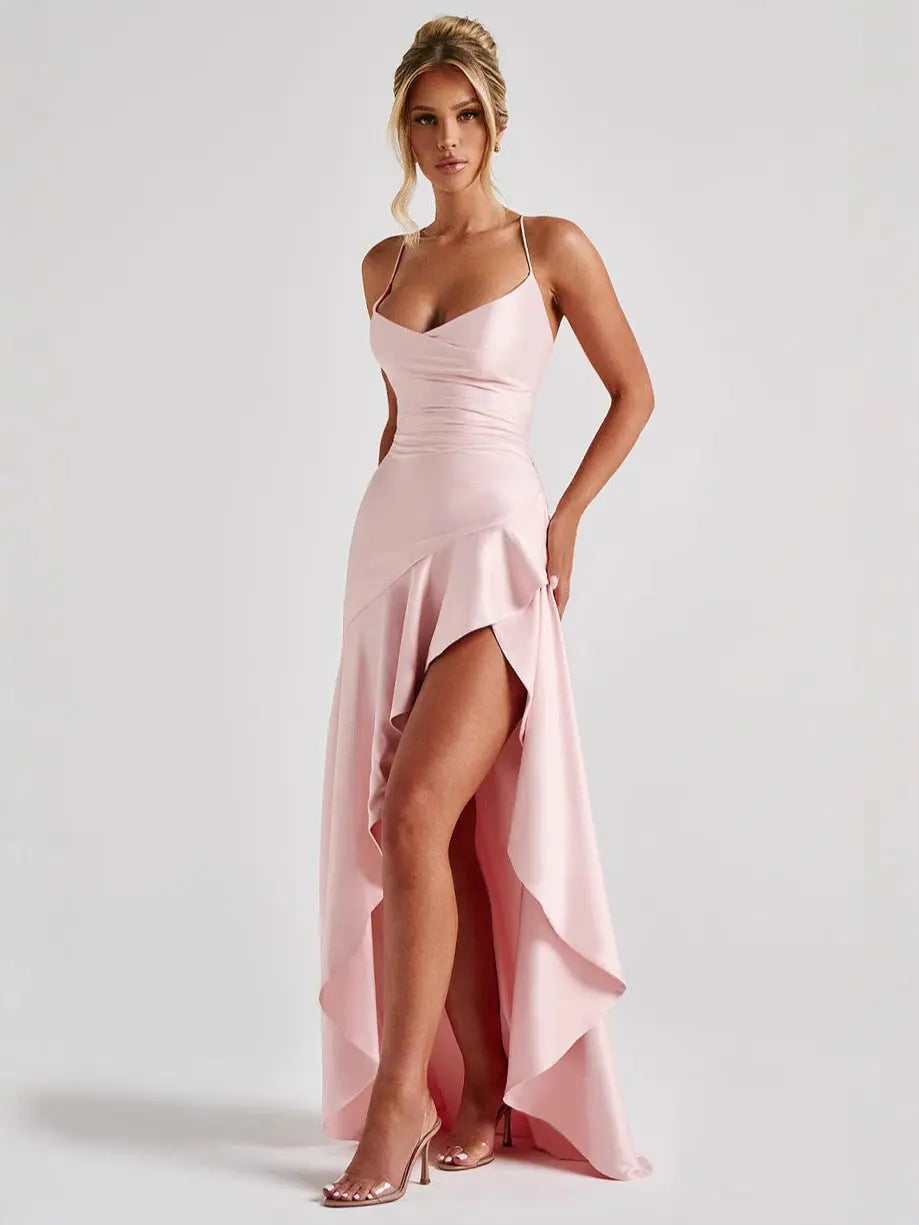 Scarlet Satin High Slit Evening Midi Dress Carilie