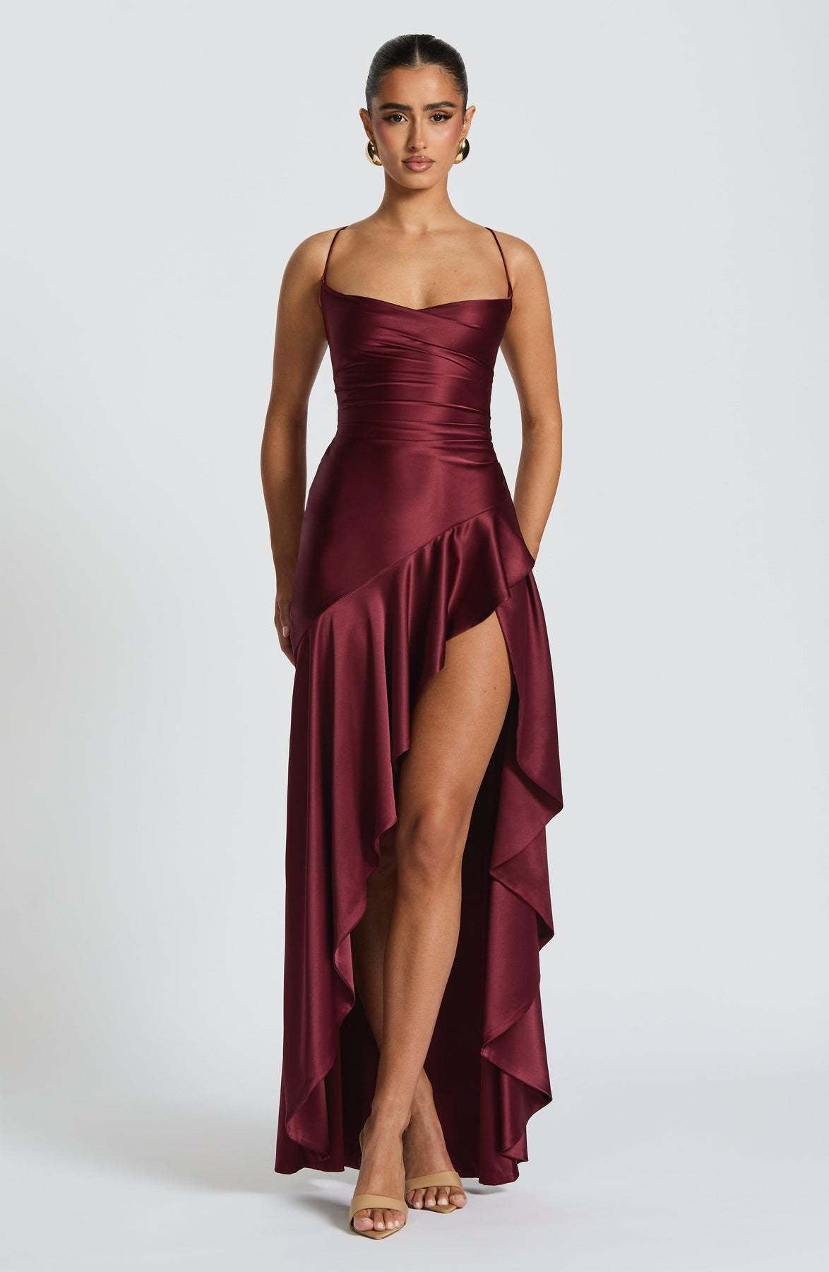 Scarlet Satin High Slit Evening Midi Dress
