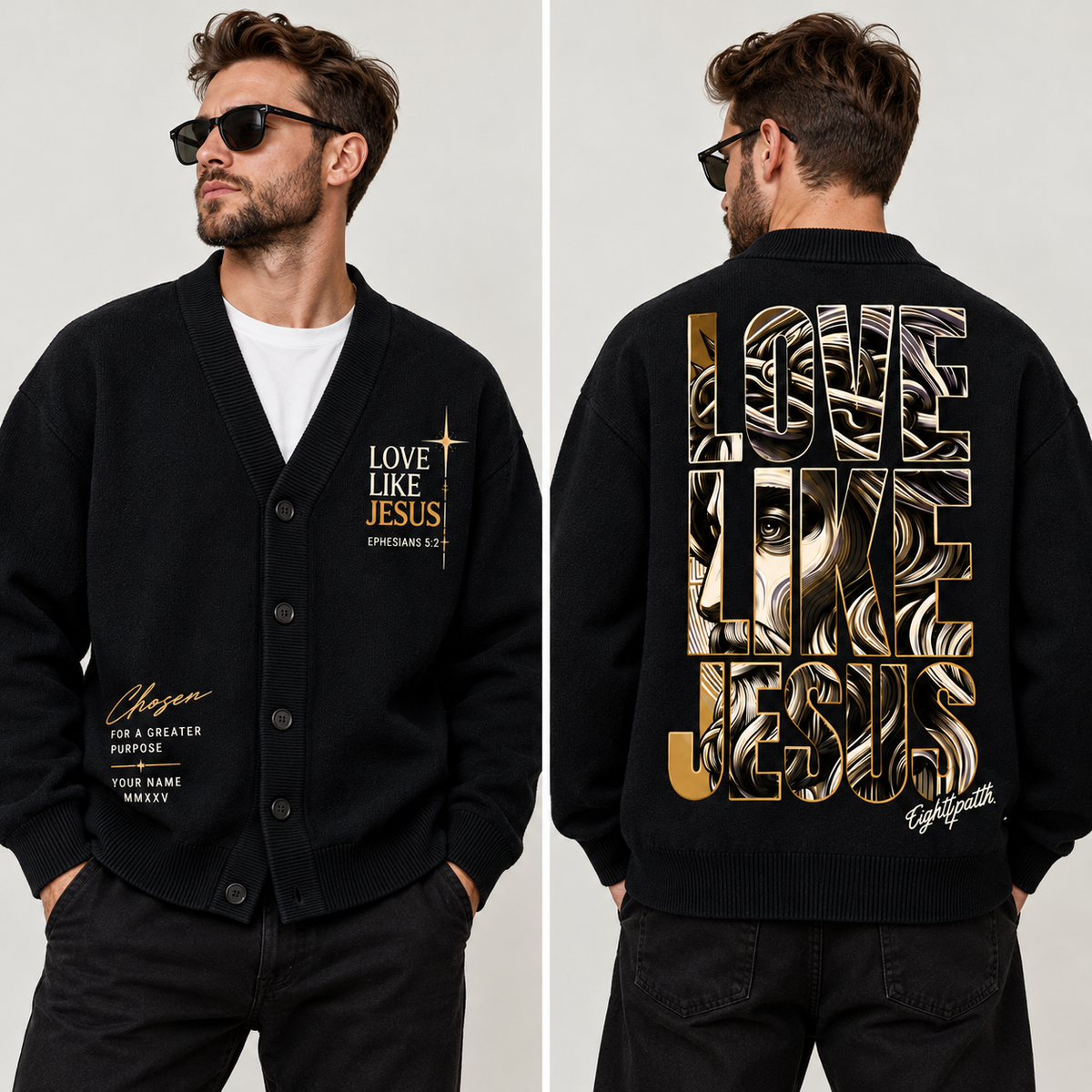 Love Like Jesus Christian Cardigan, Personalized Jesus Sweater, Black Gold Button Up Cardigan, Religious Gift for Men