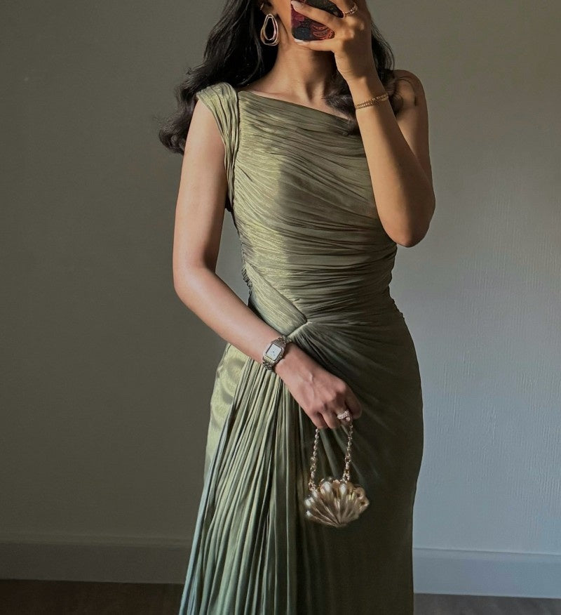 Olive Ruched Elegant Evening Gown Maxi Dress