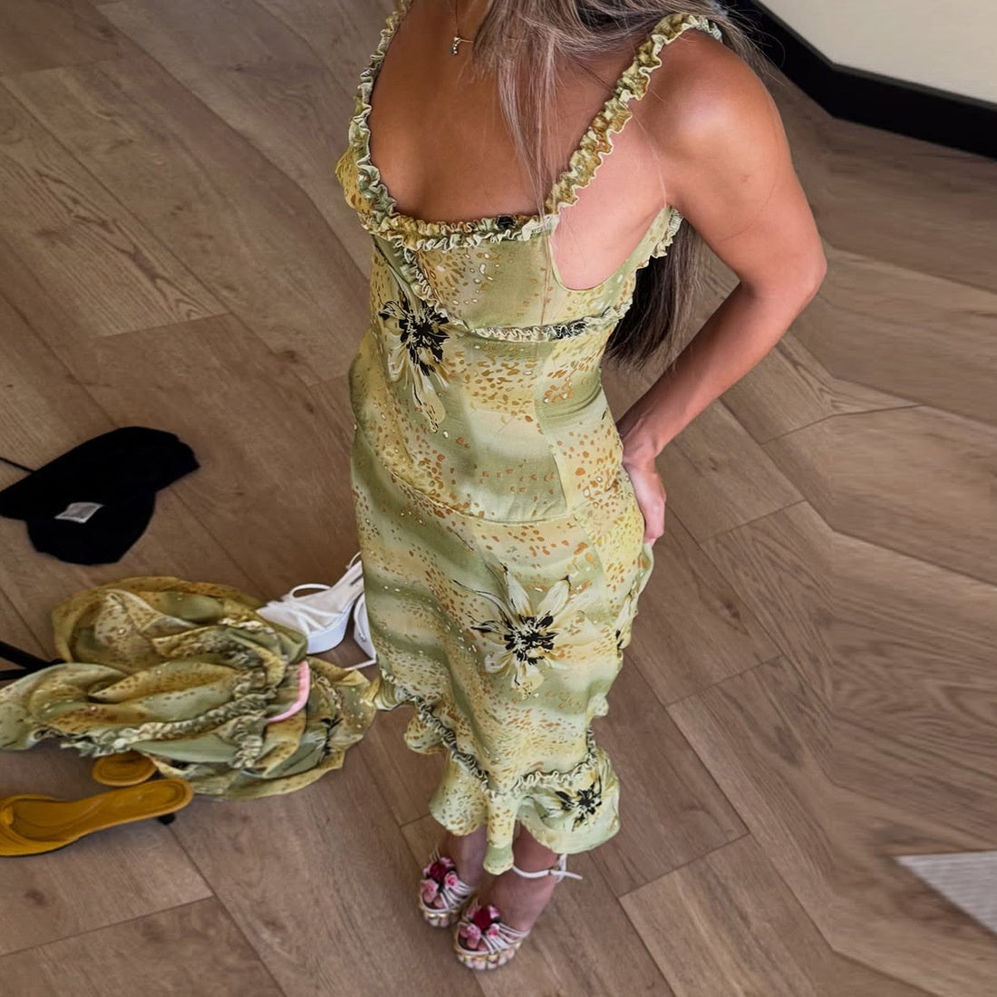 Emerald Floral Ruched Midi Dress