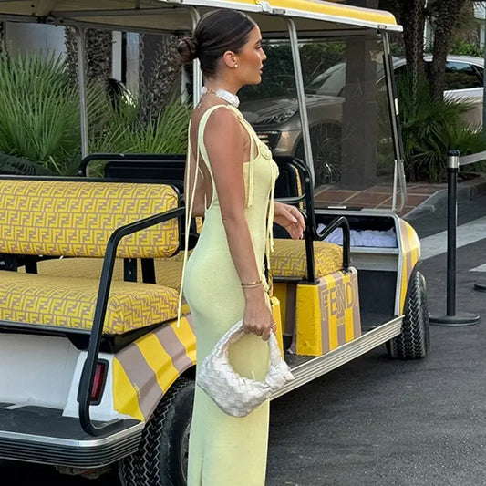 Butter Yellow Floral Knit Maxi Dress Carilie
