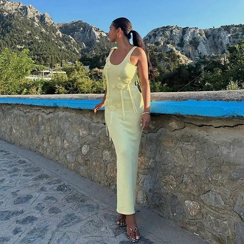 Butter Yellow Floral Knit Maxi Dress Carilie