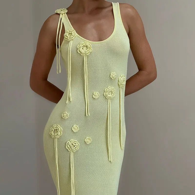 Butter Yellow Floral Knit Maxi Dress Carilie