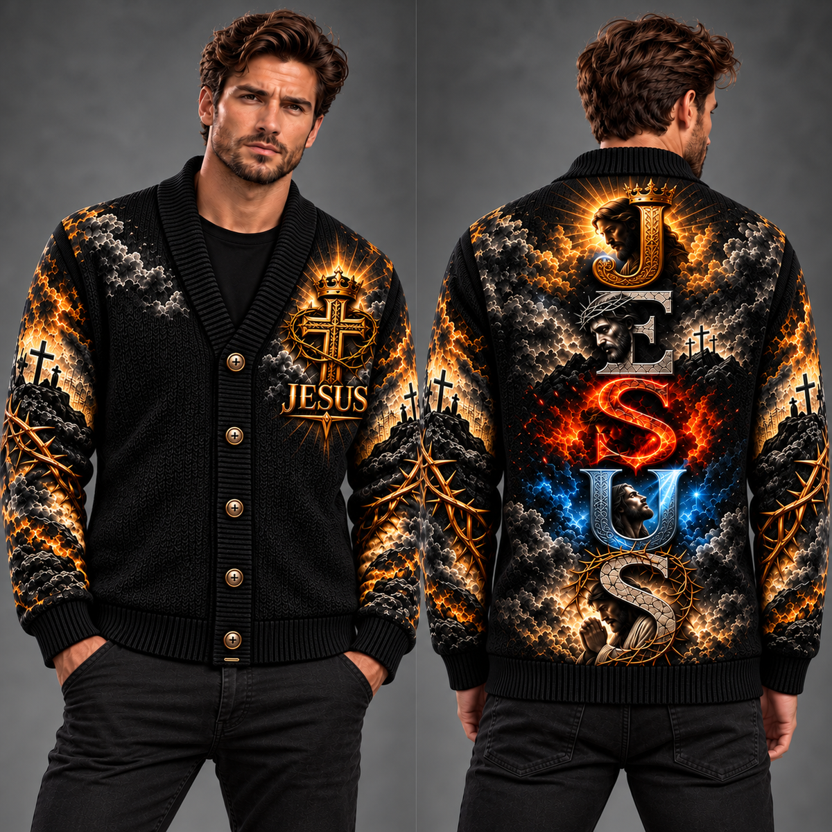 Jesus Crown of Thorns Christian Cardigan, Cross Religious Sweater, Men’s Faith Button Up Knit Cardigan, Christian Gift