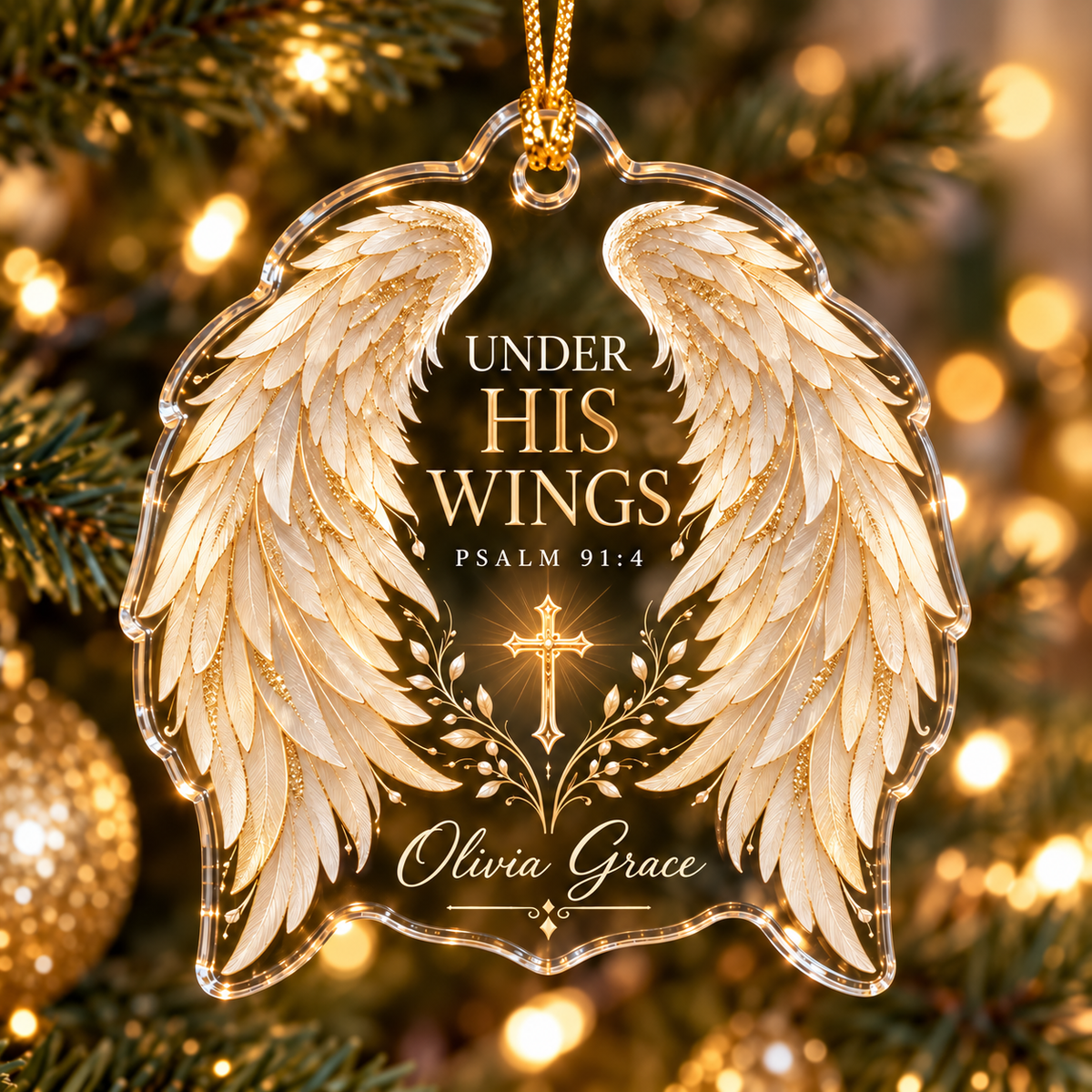 Personalized Christian Ornament, Under His Wings Psalm 91:4, Custom Name Angel Wings Ornament, Religious Christmas Gift